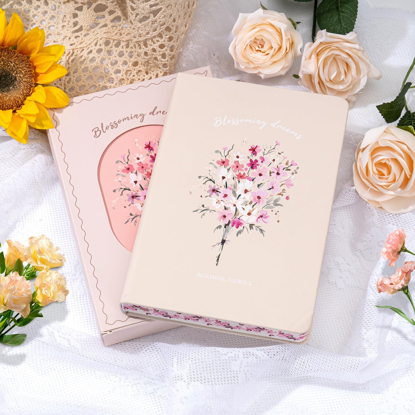 MINICAGIE Lined Journal Notebook for Women Cute Leather Journals for Writing Aesthetic Floral Diary 192 Pages A5 Hardcover Journaling Notebooks with Pen Loop (Yellow)
