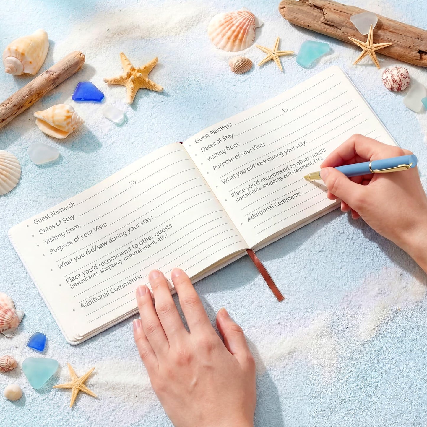 Affrolling Cabin Visitor Guest Book with Pen for Vacation Home and Short Term Rentals, Rustic Leather Cover A5 Size 144 Pages, Welcome Log for Host Visitor Sign in Journal Guesthouse House (Beach)