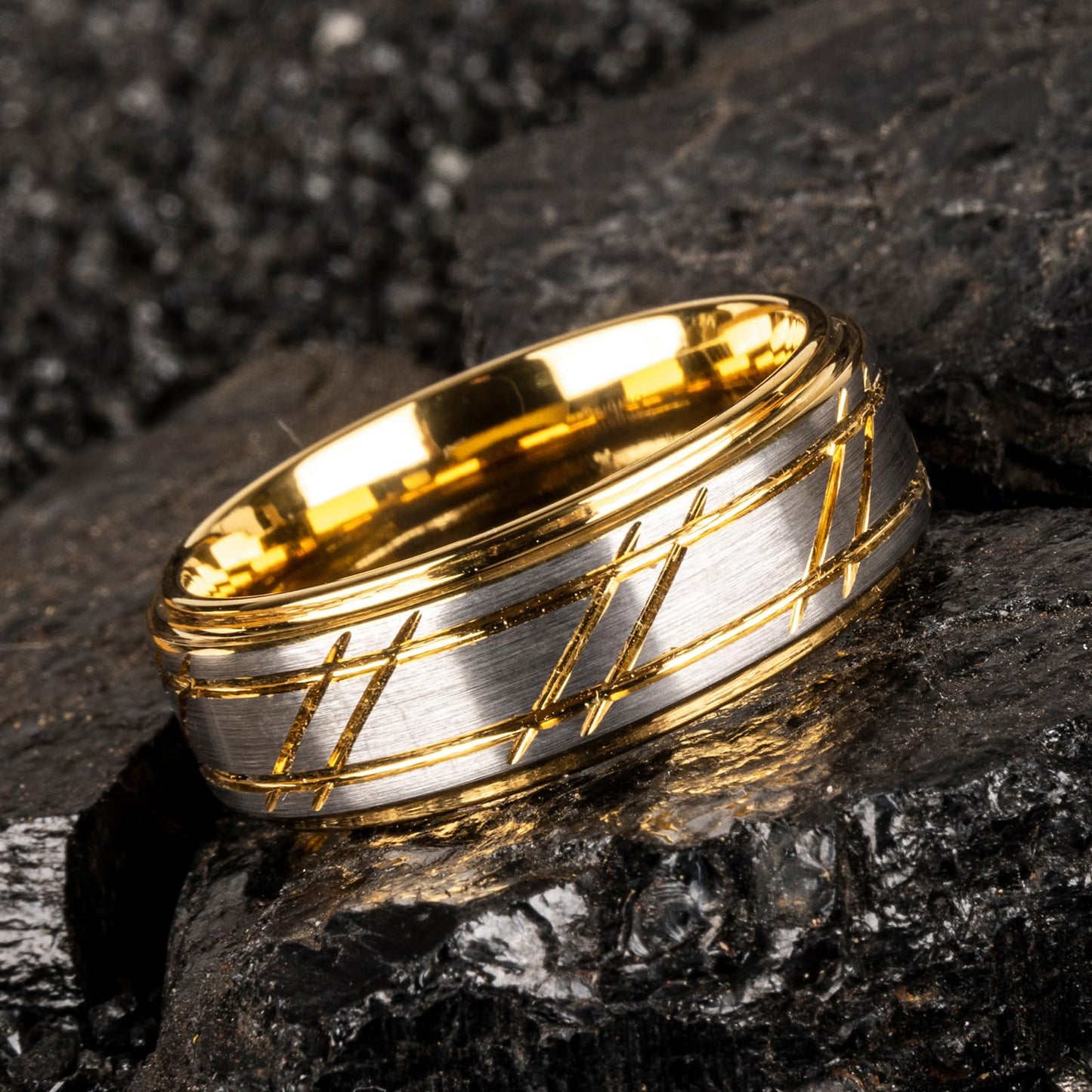 JEWPER 8mm Men Womens Wedding Band Tungsten Rings Gold Fashion Promise Carbide Silver brushed groove design on the outer ring Matte Finish Edge Comfort Fit size(12)