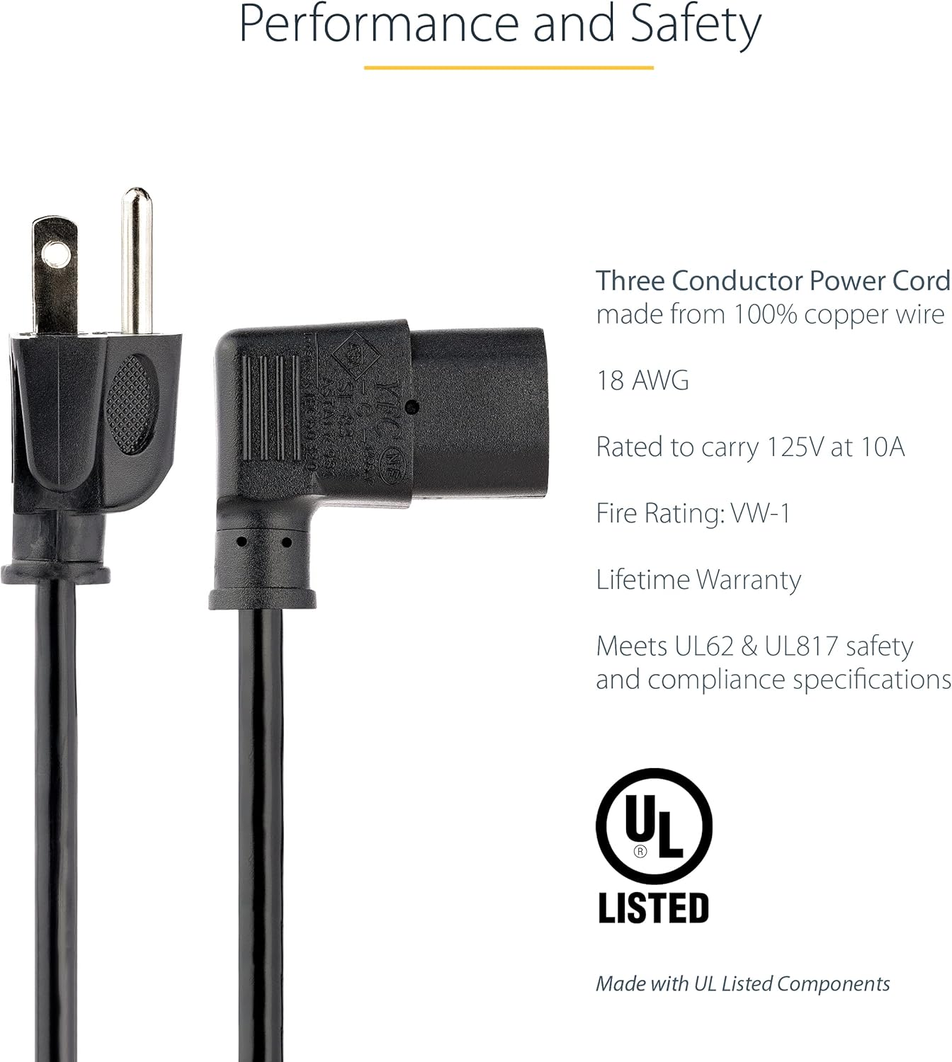 StarTech.com 3ft (1m) 5-15P C13, 10A 125V, 18AWG, (PXT101L3) Computer Power Cord, NEMA To Right Angle Replacement AC