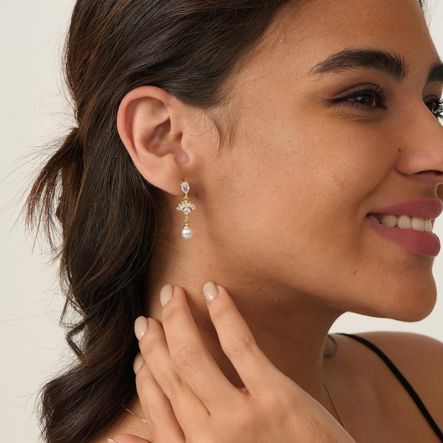 PRTGL Pearl Earrings: 14k Gold-plated Cubic Zirconia Accented Pearl Dangle Wedding Engagement Earrings For Women Bridal Bridesmaid (Fan Designed)