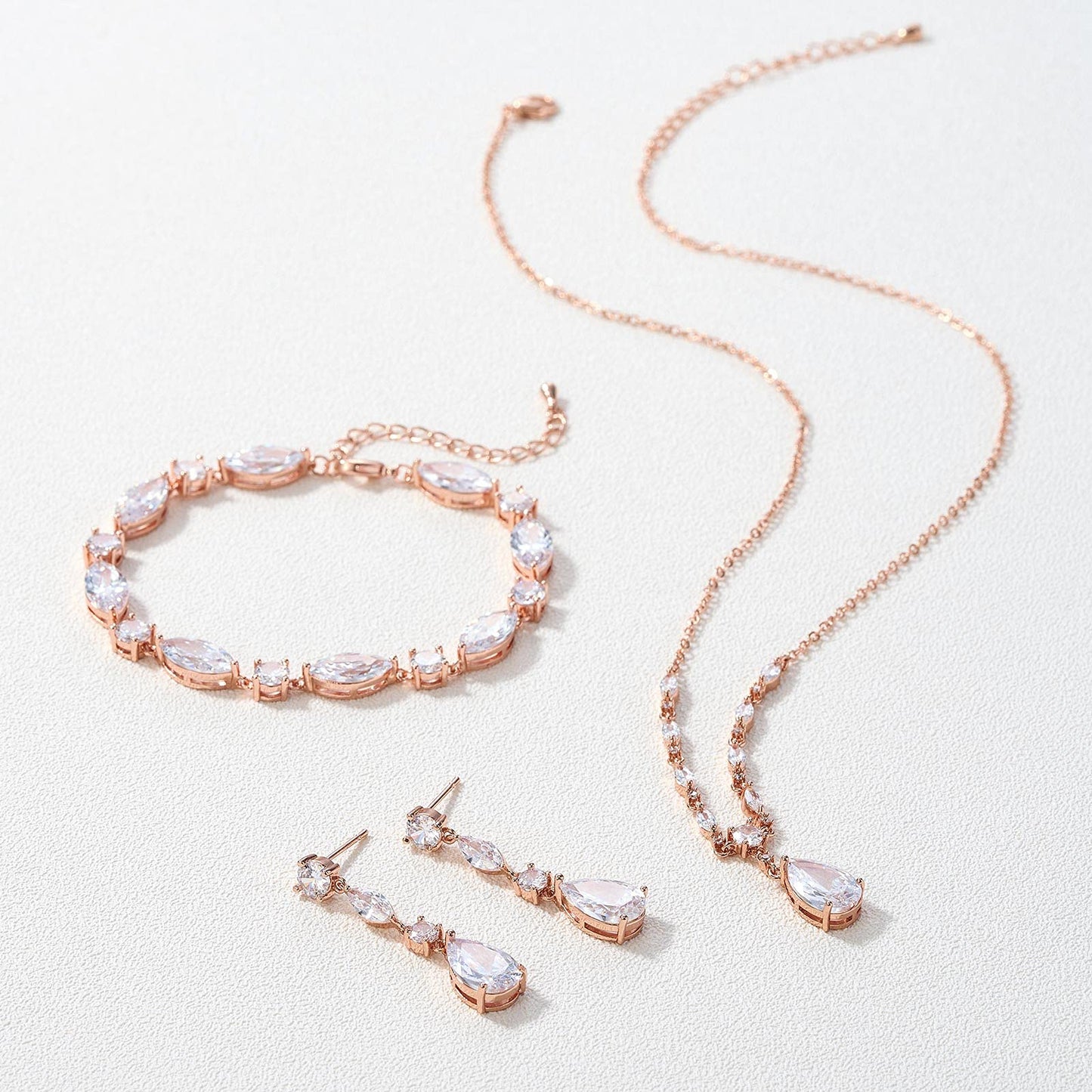 SWEETV Bridal Jewelry Set for Wedding, Cubic Zirconia Necklace Dangle Drop Earrings Bracelet Set, Teardrop Marquise Brides Bridesmaids Wedding Prom Anniversary Jewelry Gifts for Women