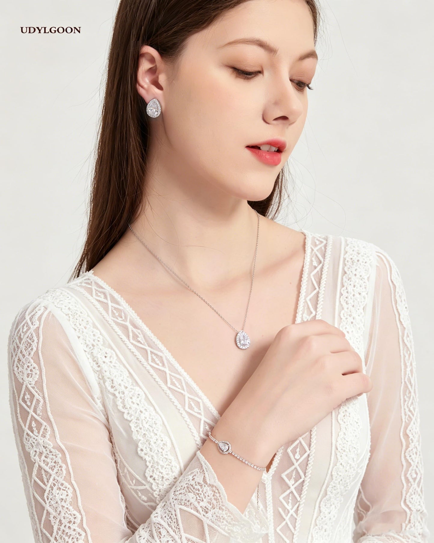 UDYLGOON Teardrop Cubic Zirconia Jewelry Set Necklace Earrings Bracelet Bridal Wedding Jewelry for Women Bridesmaid Prom Party (2 Set - White Gold Plated)
