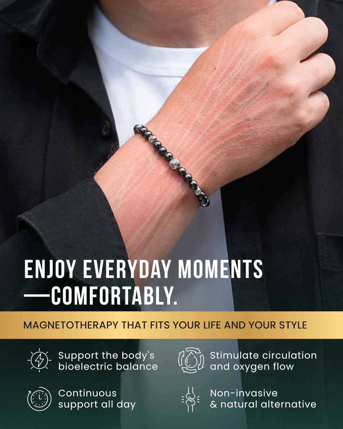 MagnetRX® Hematite Magnetic Bracelet – Max Strength Magnet Stones with Stainless Steel Charms – Elegant Magnetic Hematite Beaded Bracelets for Men (Armory | Large)