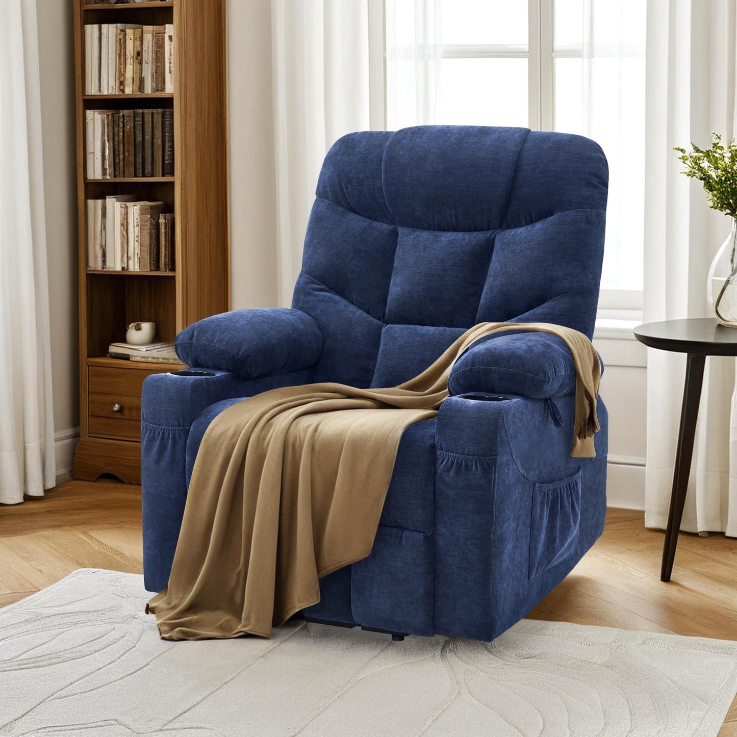MCombo Power Lift Recliner Chair with Extended Footrest for Elderly People, Fabric 7287 (Navy Blue, Medium)
