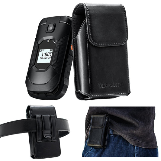 TarbicGear Leather Flip Phone Case with Belt Clip, Pouch for Kyocera & TCL & Nokia Flip Phone Holster for Belt, Cat S22 Case, Phones Sheath, Sonim XP3 Plus Magnetic Phones Pouch (Black)