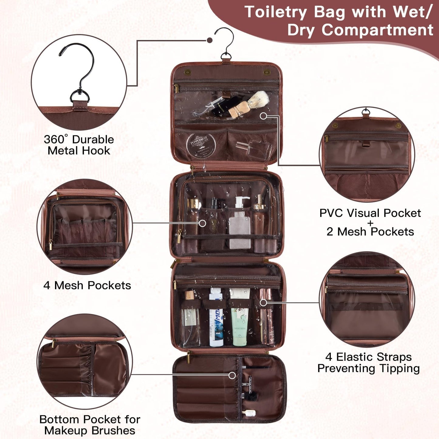 Aganmi Personalized Hanging Toiletry Bag Travel Gifts for Men Him, 3-in-1 Large Laser-Engraved Initial Waterproof PU Leather Shaving Bag Valentines Birthday Gift for Men Dad Husband Reddish Brown M