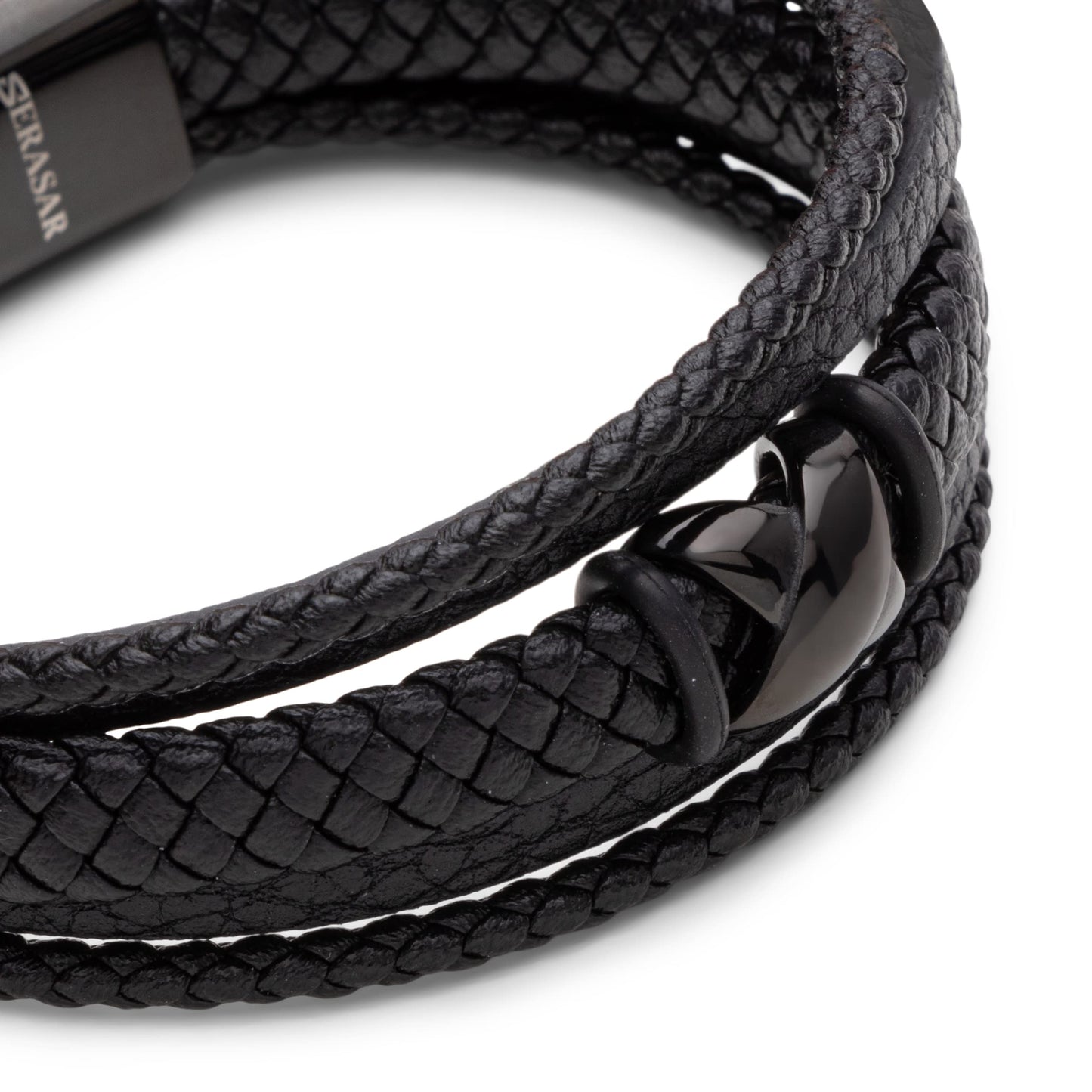 SERASAR Hombres Pulsera de cuero negro 23cm Brazalete Hombre Regalo Caja envuelta en genuina multicapa para Cierres magneticos Joyas