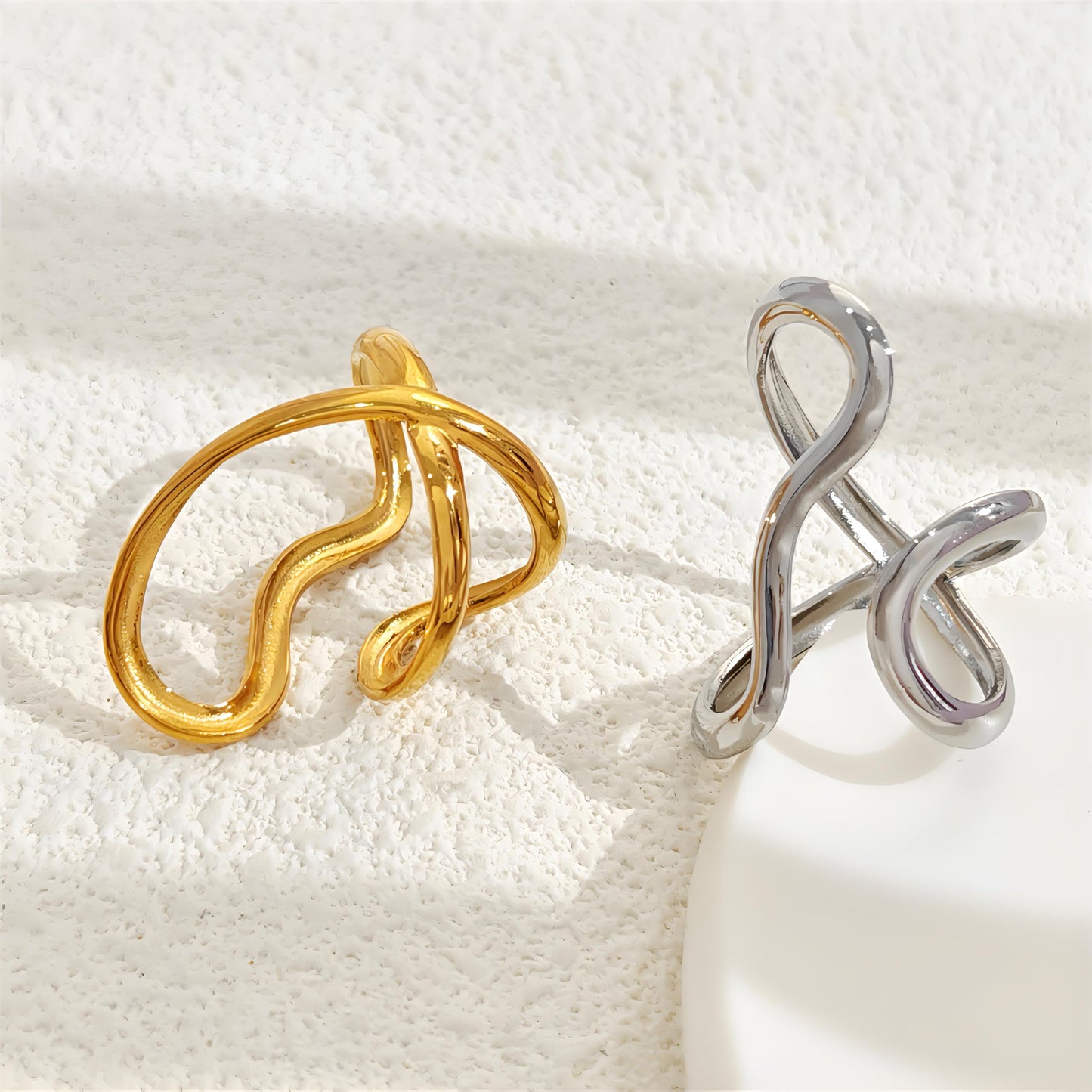 AIETUE Chunky Rings For Women, Gold Silver Thumb Ring Asymmetrical Wavy Curve Ring Adjustable Non Tarnish Dainty Stainless Steel New Year Anniversary Birthday Jewelry Gift (Gold+Silver)