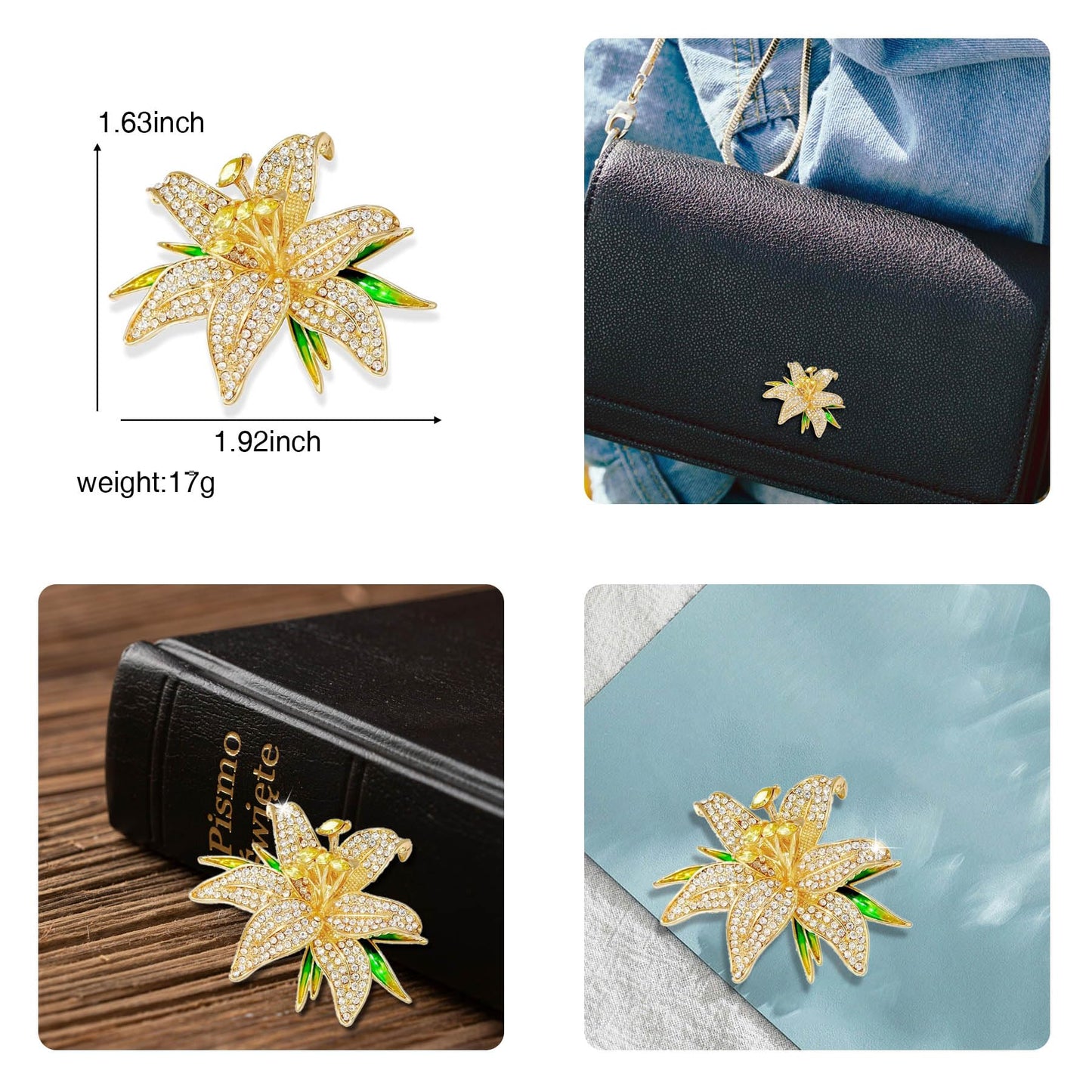 Crystal Flower Brooch Pins for Women Elegant Enamel Rhinestone Floral Brooches Pin Fashion Jewelry for Party Dance Wedding Banquet Brooch for Women Gift (Gold Green Flower)
