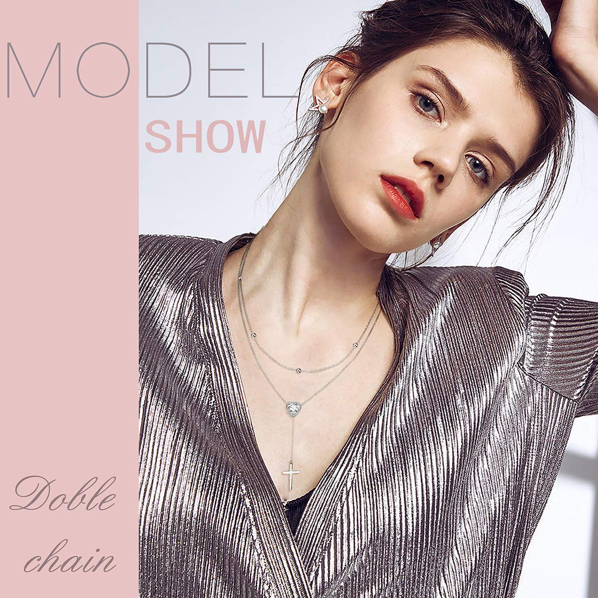 FLYOW Layered Cross Necklace 925 Sterling Silver Heart CZ Double Choker Y Lariat Long Necklace Mothers Day Birthday Valentine's Day Gifts for Women