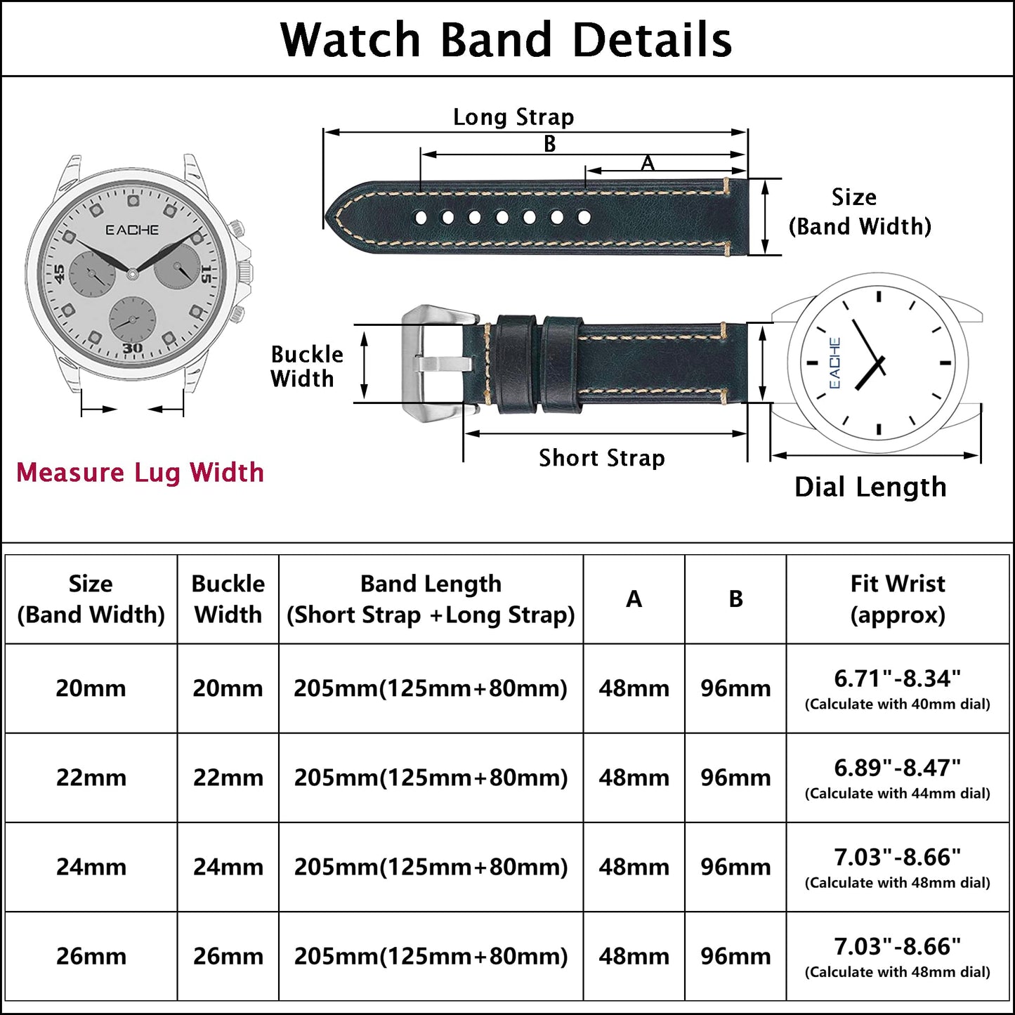 EACHE Black Leather Watch Band, Crazy Horse Genuine Leather Watchbands 22mm Watch Bands,Silver Hardware
