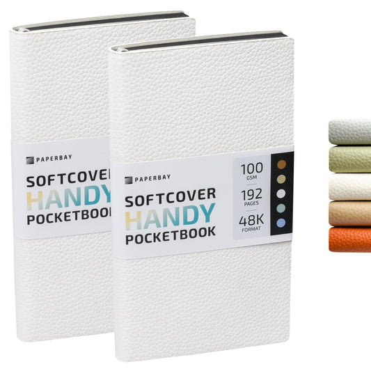 PaperBay Small 4x7 inch Soft Cover Notebook Journal 2-Pack, 100 gsm Vintage Faux Leather Softcover Mini Pocket Notepad for Women Purse, Daily To-Do List, Executive Planning, Bullet Journaling (Powder White)