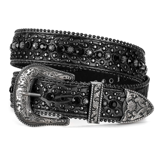 JASGOOD Rhinestone Belt for Women Men Bling Studded Western Cowboy Cowgirl Belts for Jeans,Black