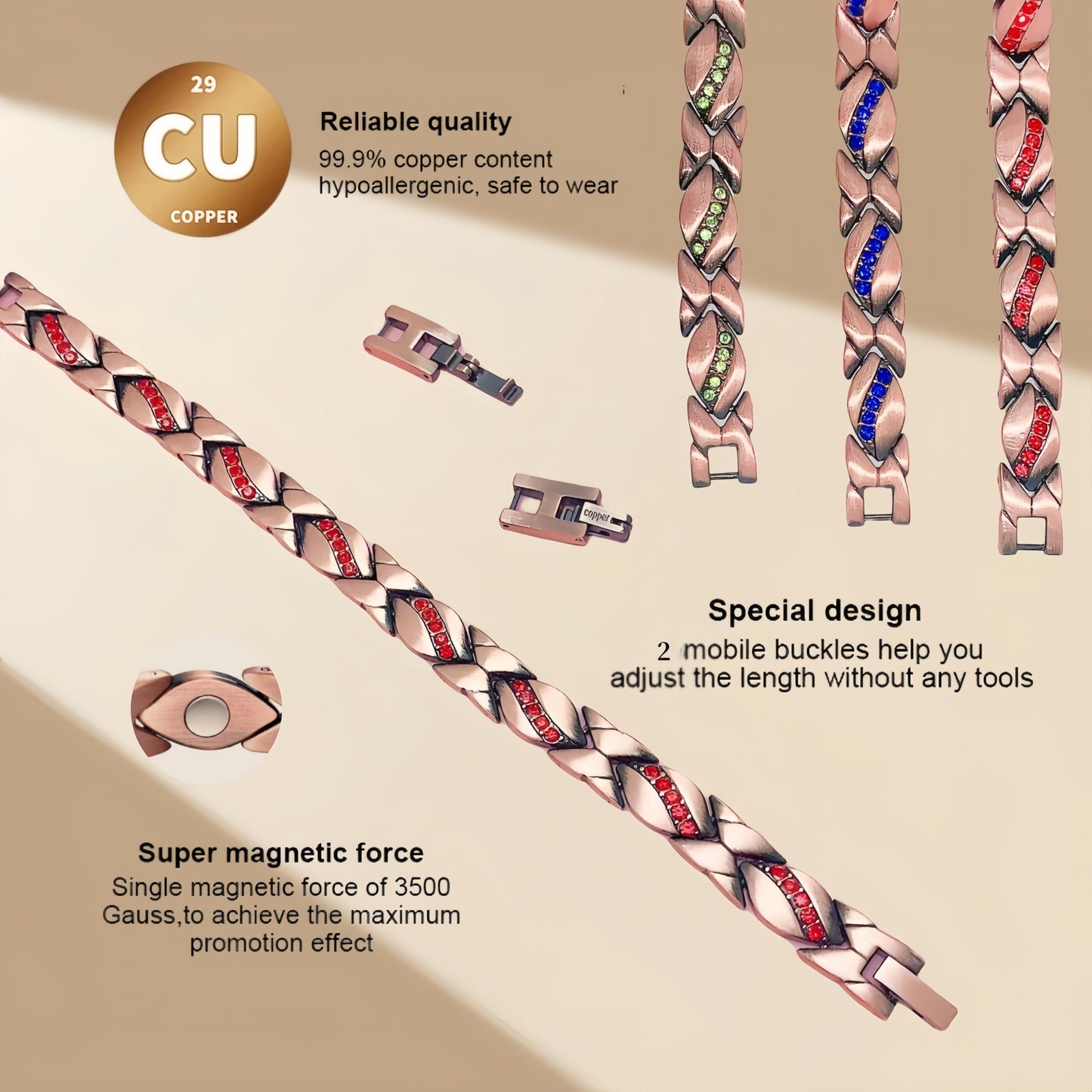 SCVIYRUN Magnetic Copper Bracelets for Women - 99.99% Pure Copper Effective Magnetic Bracelets with Easy 2 Links for Mother (Copper - Orange Red Stone)