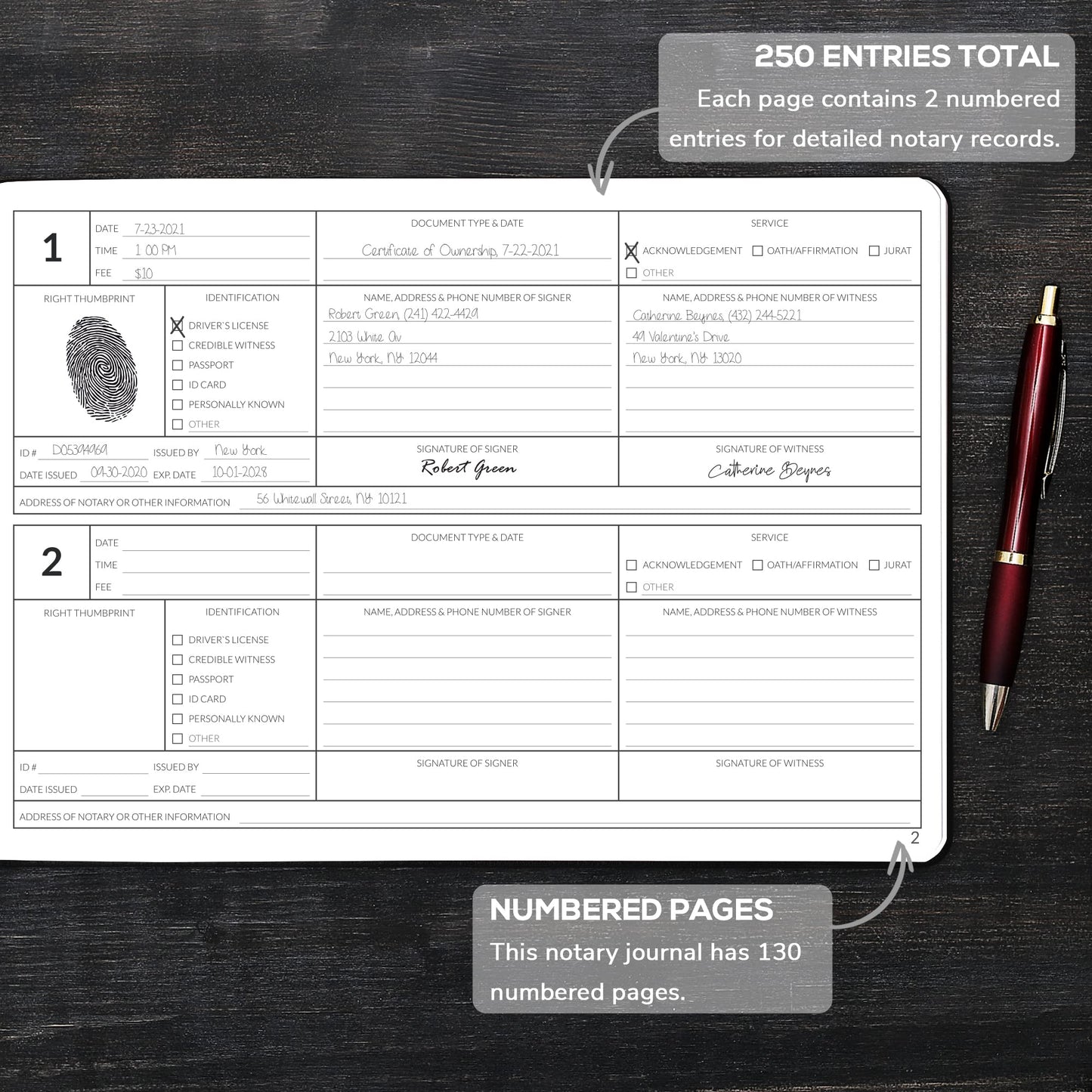 Skyline Notary Journal – Official Notary Public Record Book with Numbered Pages – Log Book for Notarial Acts & Records – Notary Supplies – 250 Entries, Hardcover, 10x7″ (Black)