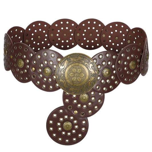 WERFORU Women Wide Western Disc Belt Cowgirl Boho Leather Belt for Jeans Dress