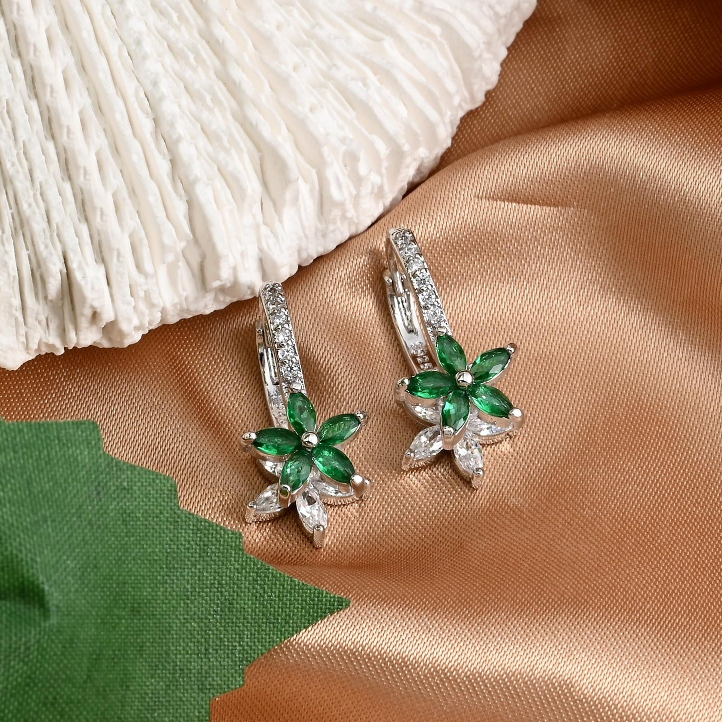 Watforsh 925 Sterling Silver Flower Earrings for Women Dangling Leverback Earrings with Emerald and White Crystal Double Floral
