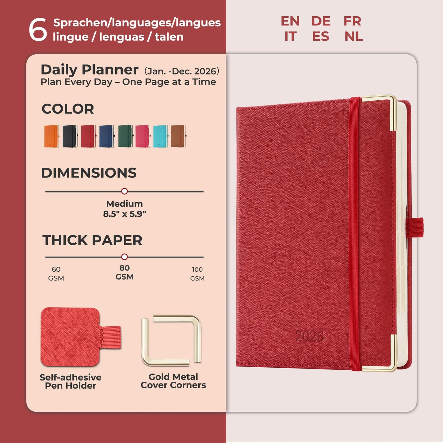 IN-luxpro Daily Planner 2026 with One Page Per Day,(A5-8.5" x 5.9"),12 Months Calendar Hourly Appointment Book Monthly Tabs & Self-adhesive Pen Holder,Inner Pocket, Vegan Leather Hardback,Red