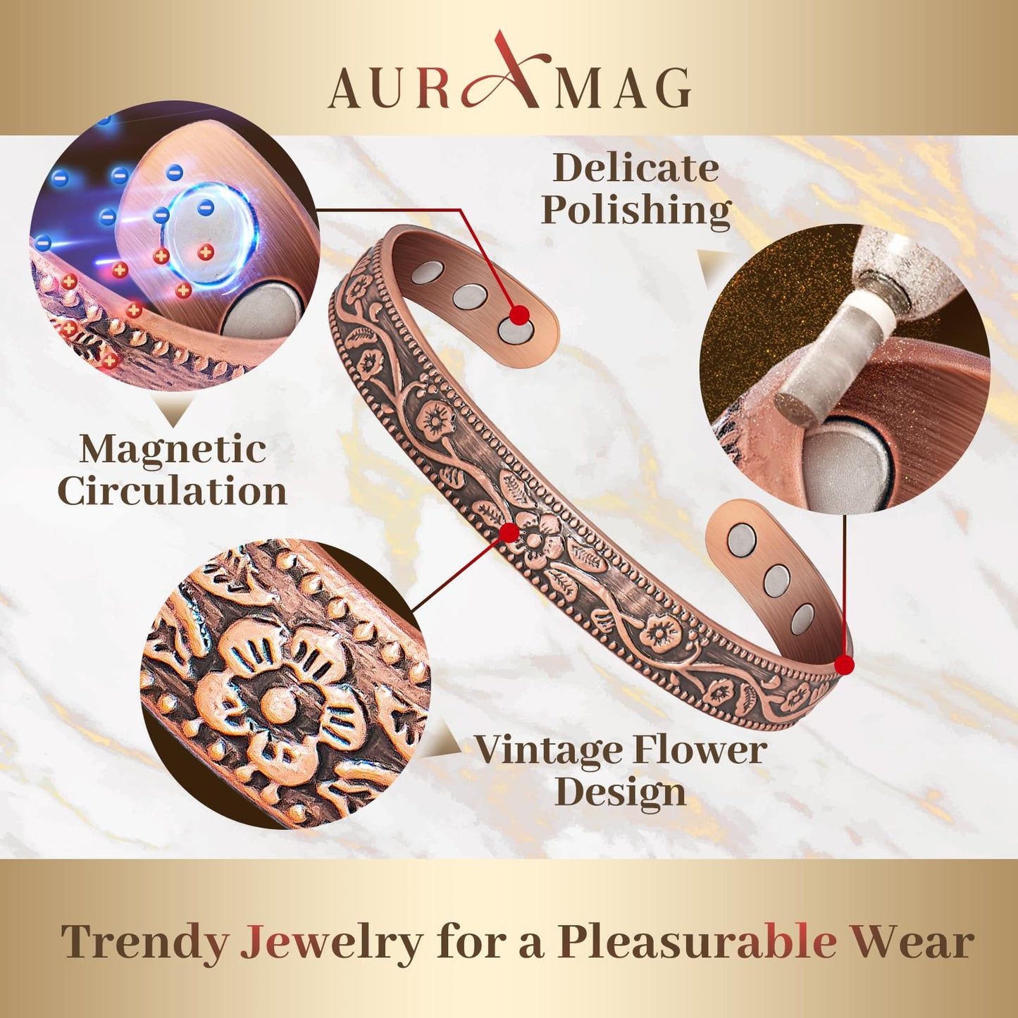 Auramag Copper Bracelets for Women, 99.99% Pure Copper Cuff Bangle with 3500 Gauss Magnets, Adjustable Jewelry with Gift Box(Set of 2)