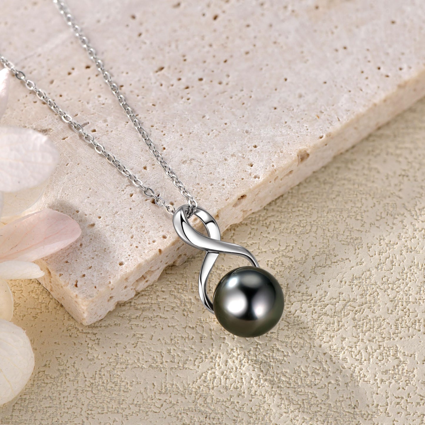 DENGGUANG Genuine Tahitian Black Pearl Necklace for Women, Sterling Silver Infinity Single Pearl Pendant Necklaces, Anniversary Birthday Mothers Day Jewelry Gifts for Mom Her