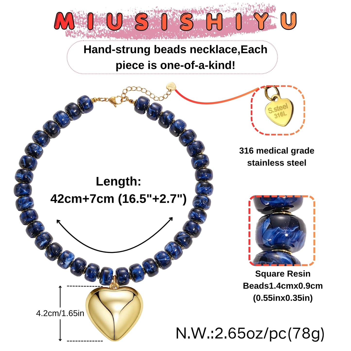 MIUSISHIYU Navy Blue Faux Lapis Lazuli Resin Chunky Necklaces for Women, Trendy Beaded Puffy Gold Heart Pendant Statement Choker, Lightweight Boho Y2K Summer Beach Jewelry