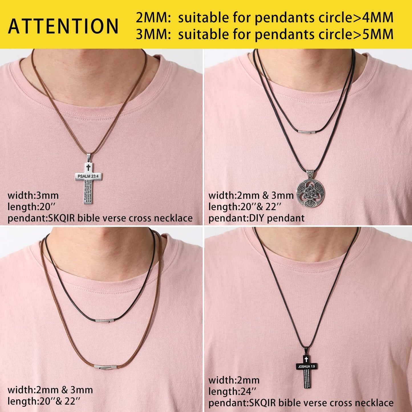 SKQIR 2mm Black Waterproof Braided Leather Cord Necklace with Durable Stainless Steel Snap Clasp Men Women Woven Wax String Rope Chain for DIY Pendant Length 22"