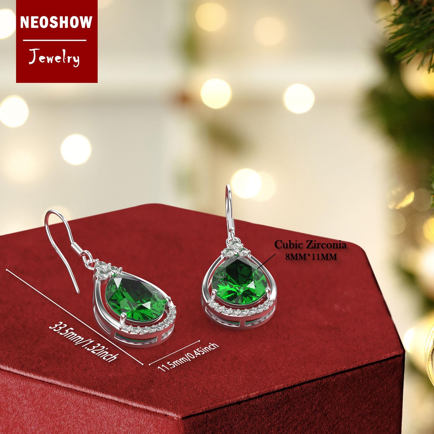 18K White Gold Plated Sterling Silver Teardrop Cubic Zirconia Drop Dangle Earrings for Women Pear Cut CZ Diamond Dangle Earrings Hypoallergenic Jewelry (Emerald)
