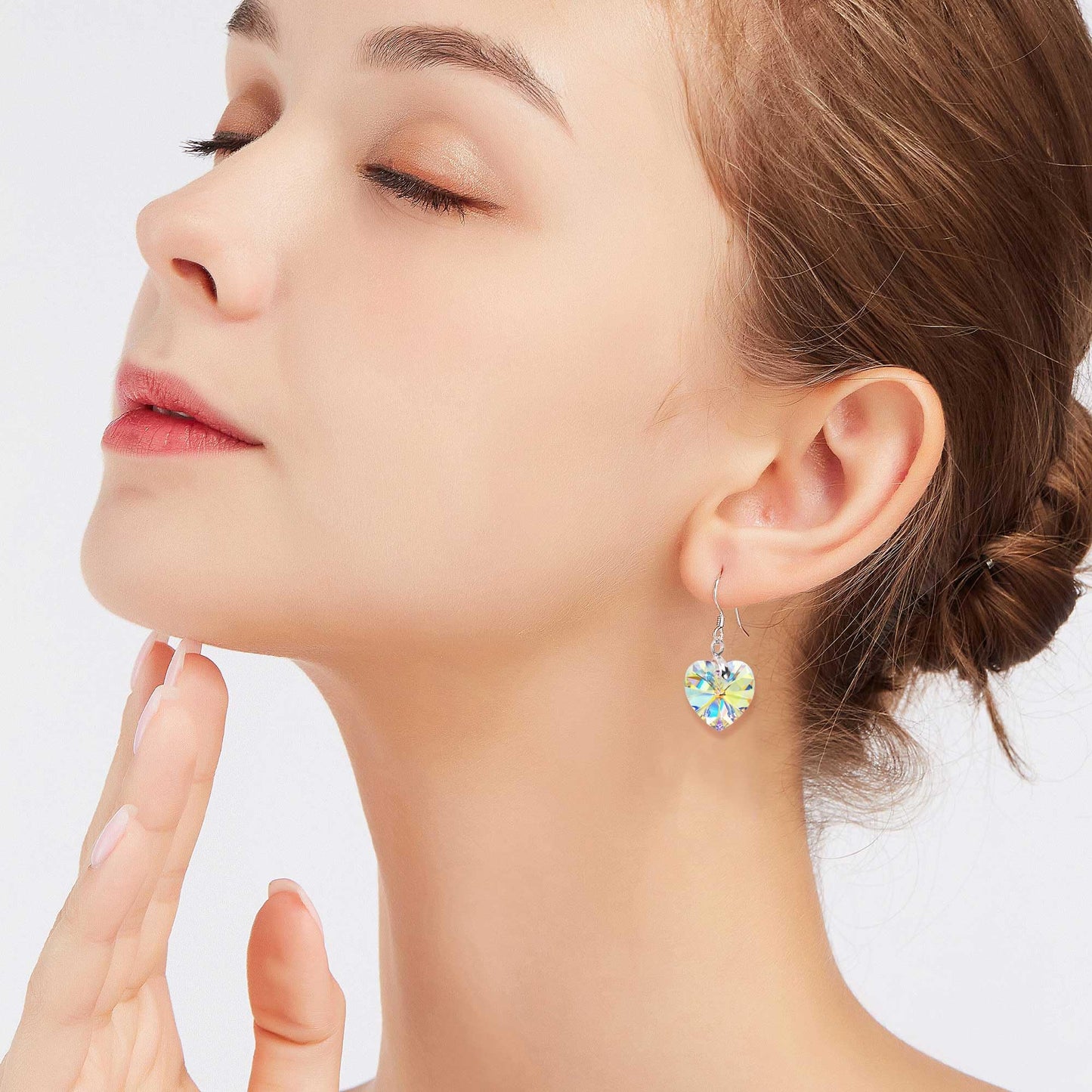 Austrian Crystal Heart Drop Dangle Earrings for Women 925 Sterling Silver Hook Hypoallergenic Earring (Aurora Borealis)