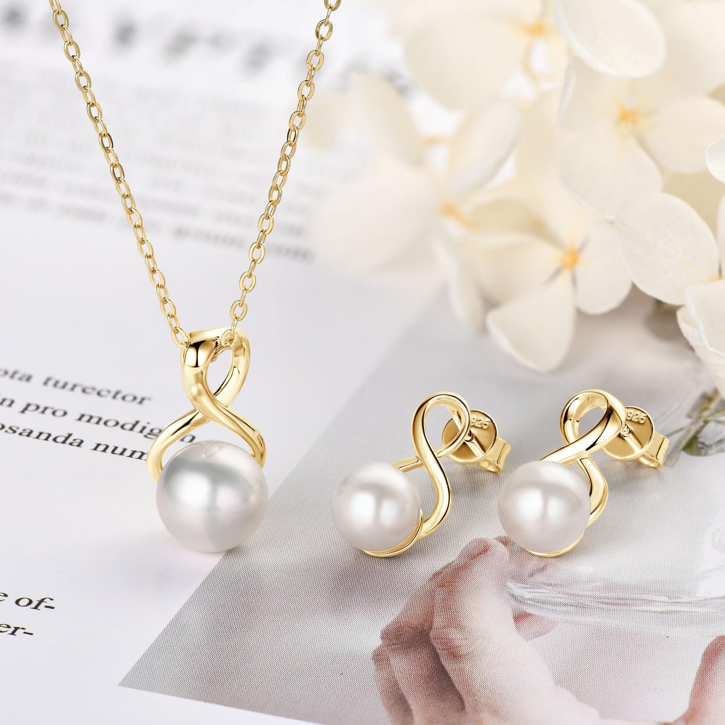 DENGGUANG Pearl Necklace and Earring Set for Women, 14K Gold Plated Freshwater Cultured Pearl Infinity Wedding Jewelry Anniversary Birthday Gifts for Her
