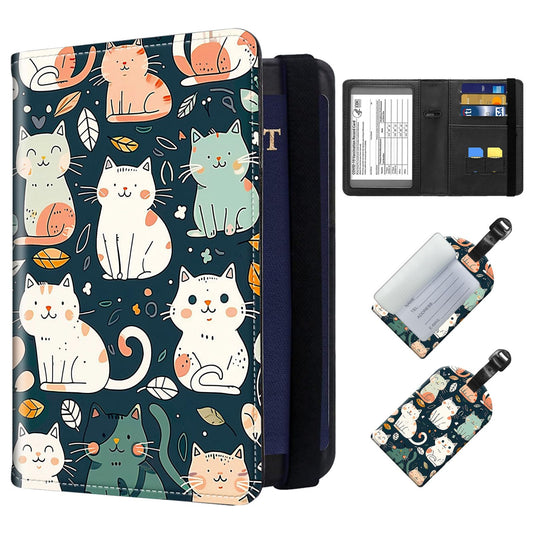 ETLKJVBL Exquisite Passport Holder for Travel Accessory, Leather Passport Cover with Space for Documents and Family Photos, Travel Passport Wallet for Women and Men Pattern Design(Cute Cats)