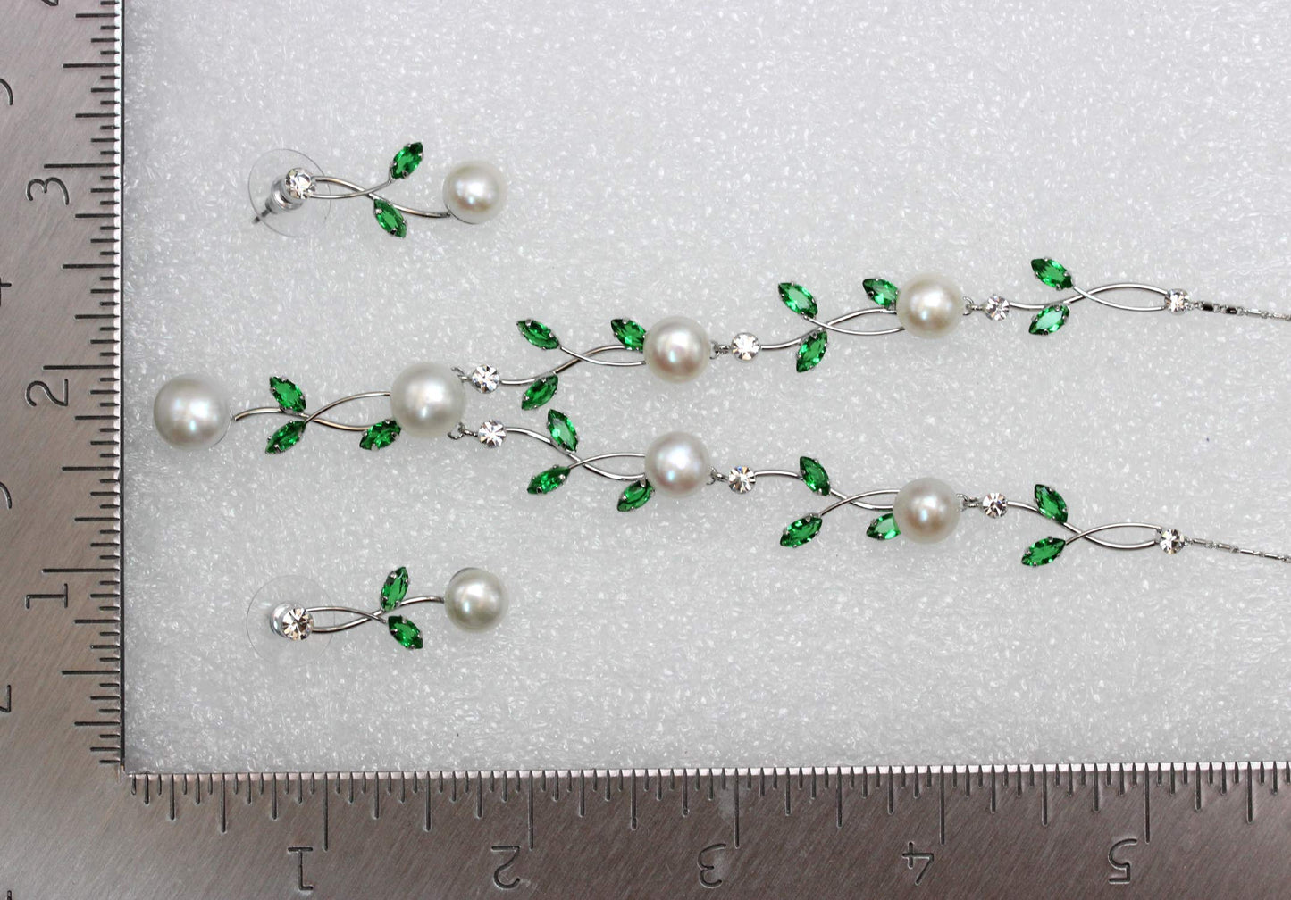 Faship Green CZ Crystal Genuine Freshwater Pearls Floral Necklace Earrings Set - Green