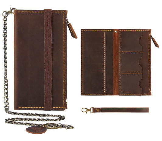 Robrasim Leather Wallet for Men and Women, Handmade Detachable Chain Wristlet Long Bifold Clutch with Large Capacity Zipper Coin Pocket (Coffee, 7.87"x4.17")