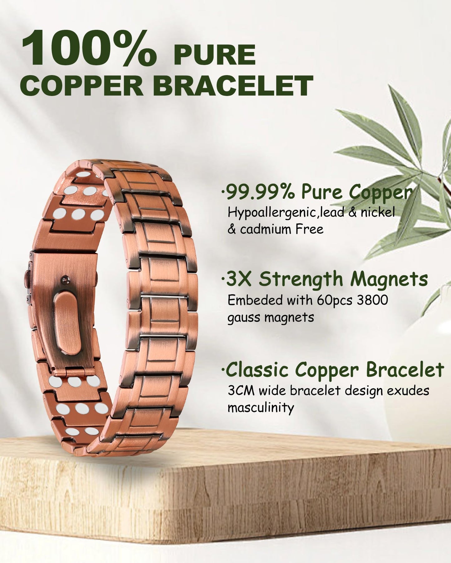 MagEnergy Copper Bracelet for Men, 3X Strength Magnetic Bracelet & 3800 Gauss Magnets, Copper Jewelry Gifts, Premium Fold-Over Clasp