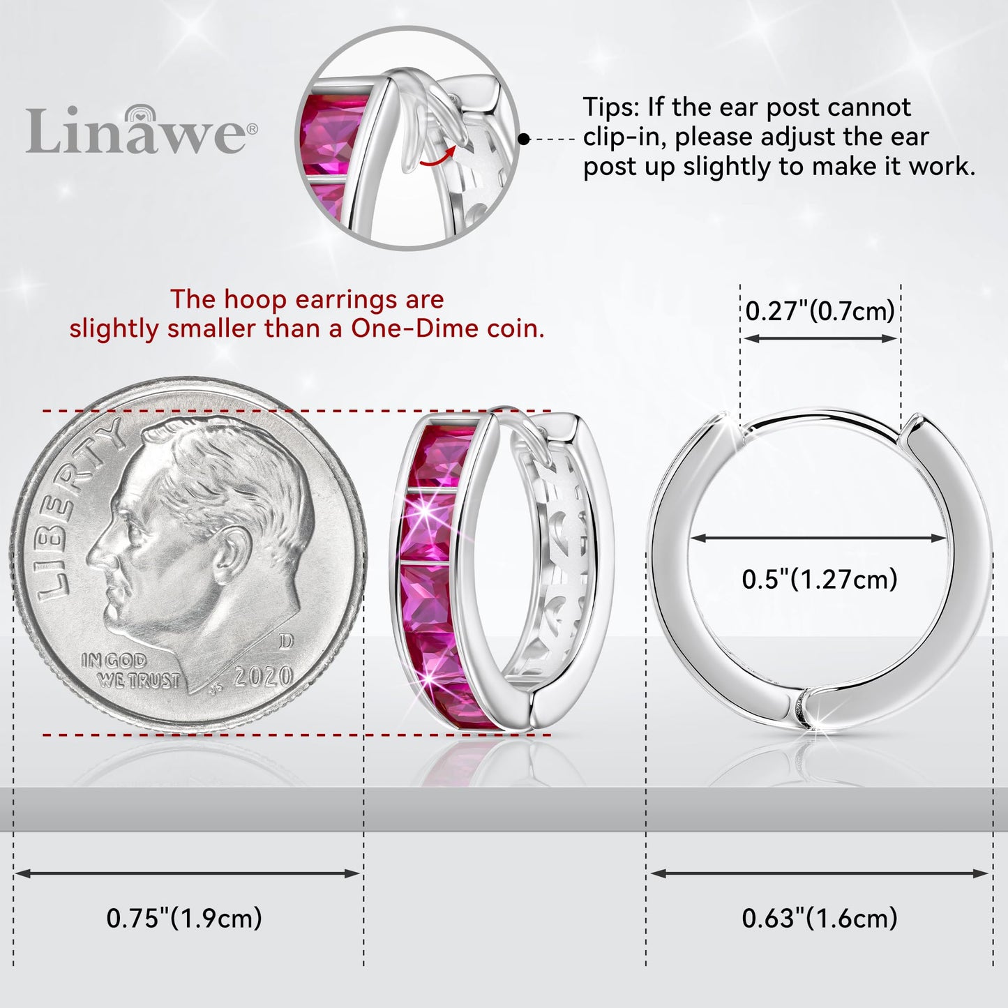 Linawe Silver Hoop Earrings for Women Trendy, Cartilage Stud Huggie Earrings, Hot Pink Cubic Zirconia Tragus Piercing Jewelry, Small Imitation Diamond Rhinestone Crystal Hoops