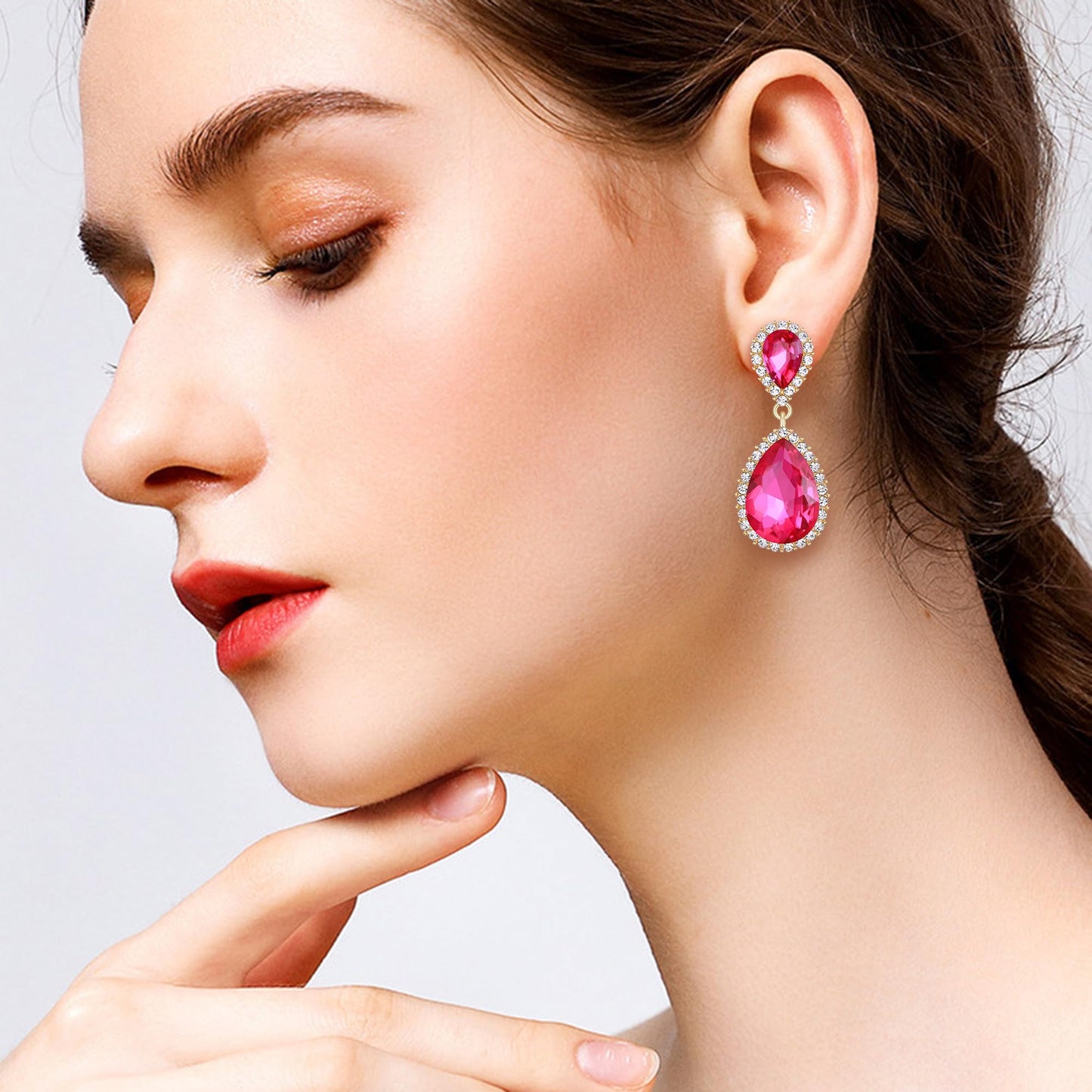 EVER FAITH Women's Fuchsia Austrian Crystal Costume Party Dangle Earrings, Elegant Bridal Waterdrop Pierced Earrings for Bridesmaid Hot Pink