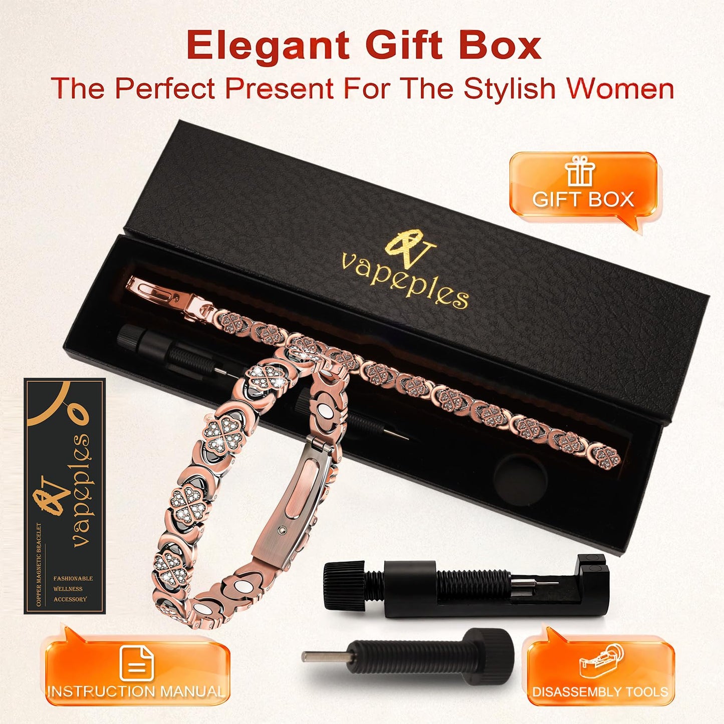 vapeples Copper Bracelets for Women, 3800 Gauss, 99% Pure Copper Magnetic Bracelet, Adjustable Sizing, Four-Leaf Clover Women's Bracelets with Sparkling Cubic Zirconia, Gift Packaging