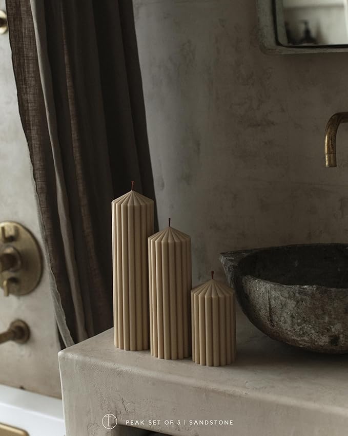 LAWA Ribbed Peak Pillar Candle - Large Beautiful Handmade Pillar Scented Soy Wax Candle Elegant Bubble Aesthetic Candle Housewarming Gift Home Room Shelf Decor Idea Sandstone (Large)