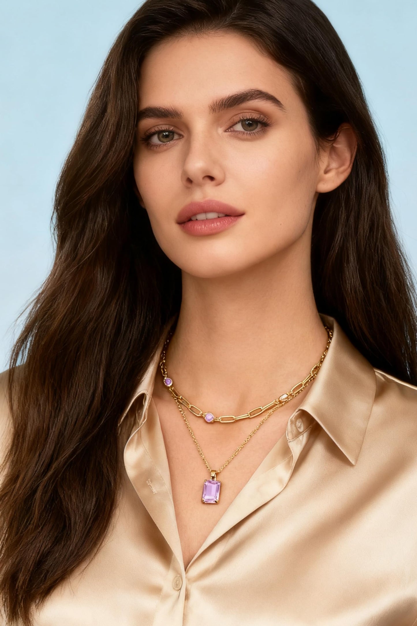VANGETIMI Pink and Gold Layered Pendant Necklaces for Women 14k Gold Plated Crystal Choker Necklace Paperclip Rhinestone Necklace Party Prom Jewelry