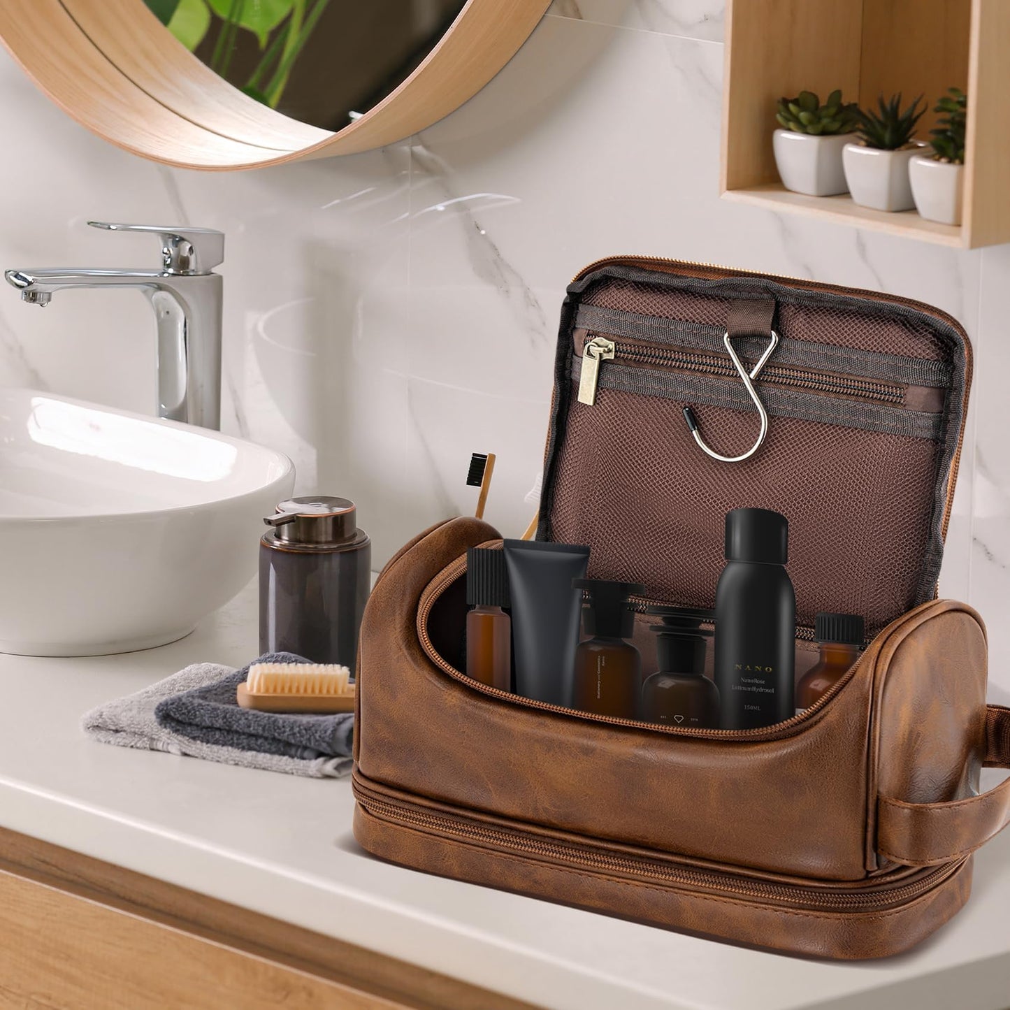 Aganmi Personalized Gifts Travel Toiletry Bag for Men Him, Laser-Engraved Initial PU Leather Waterproof Shaving Bag Christmas Birthday Gift for Men Dad Husband Boyfriend Groomsmen, Light Brown M