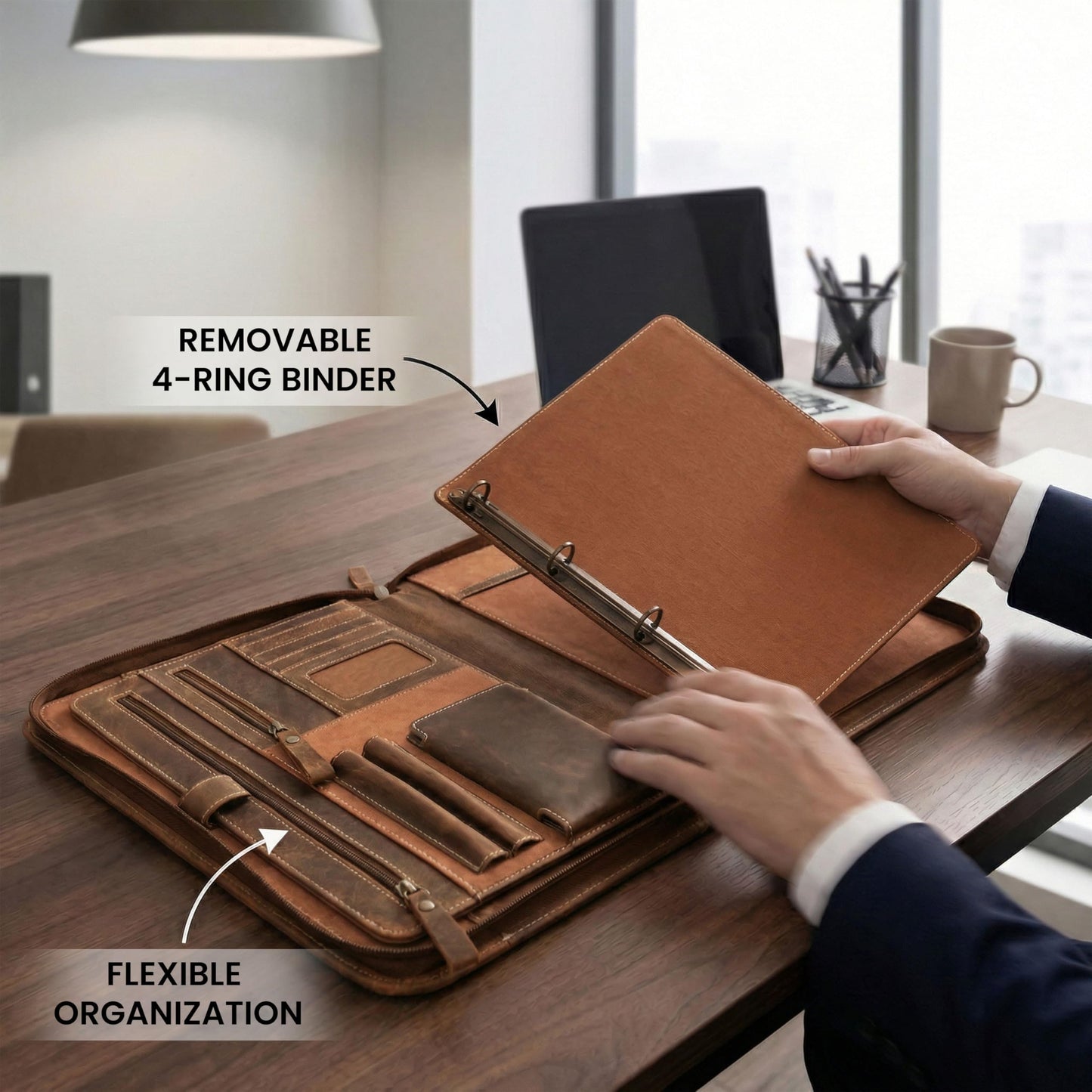 LEATHER VILLAGE Genuine Leather Zipper Portfolio Organizer - Professional Business 4 Ring Binder Padfolio Binder for Documents, Cards, iPad, Tablet, Phone, Resume Folder, Folio for Men & Women - Tan