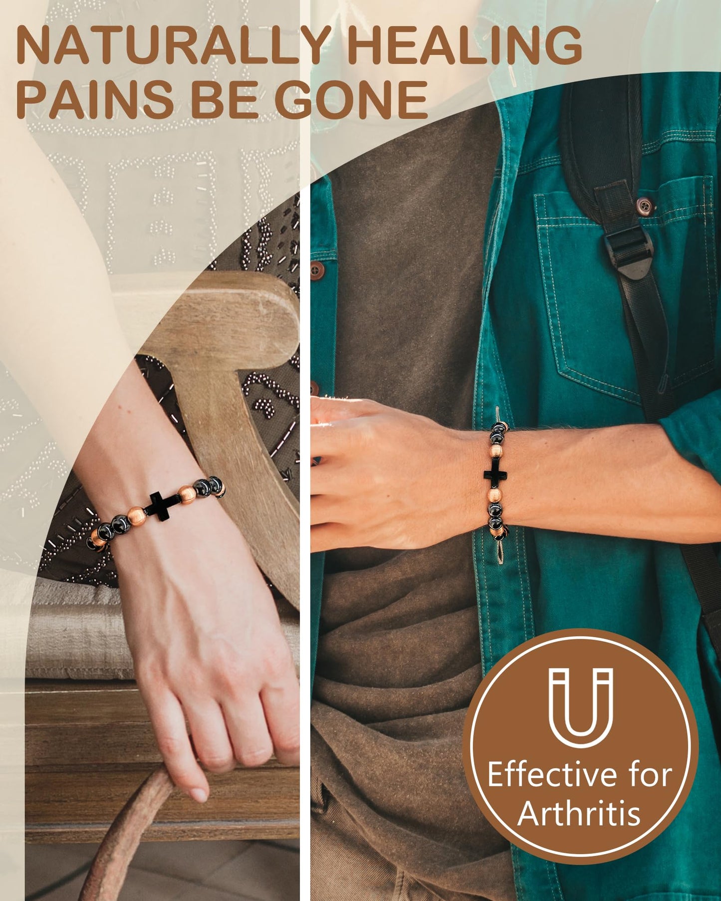 Feraco Pure Copper Magnetic Bead Bracelet for Men Women with Cross, 8mm 99.99% Solid Copper & 3500 Gauss Magnetic Hematite Beads, Unisex Stretch Wristband, Gift-Ready Jewelry