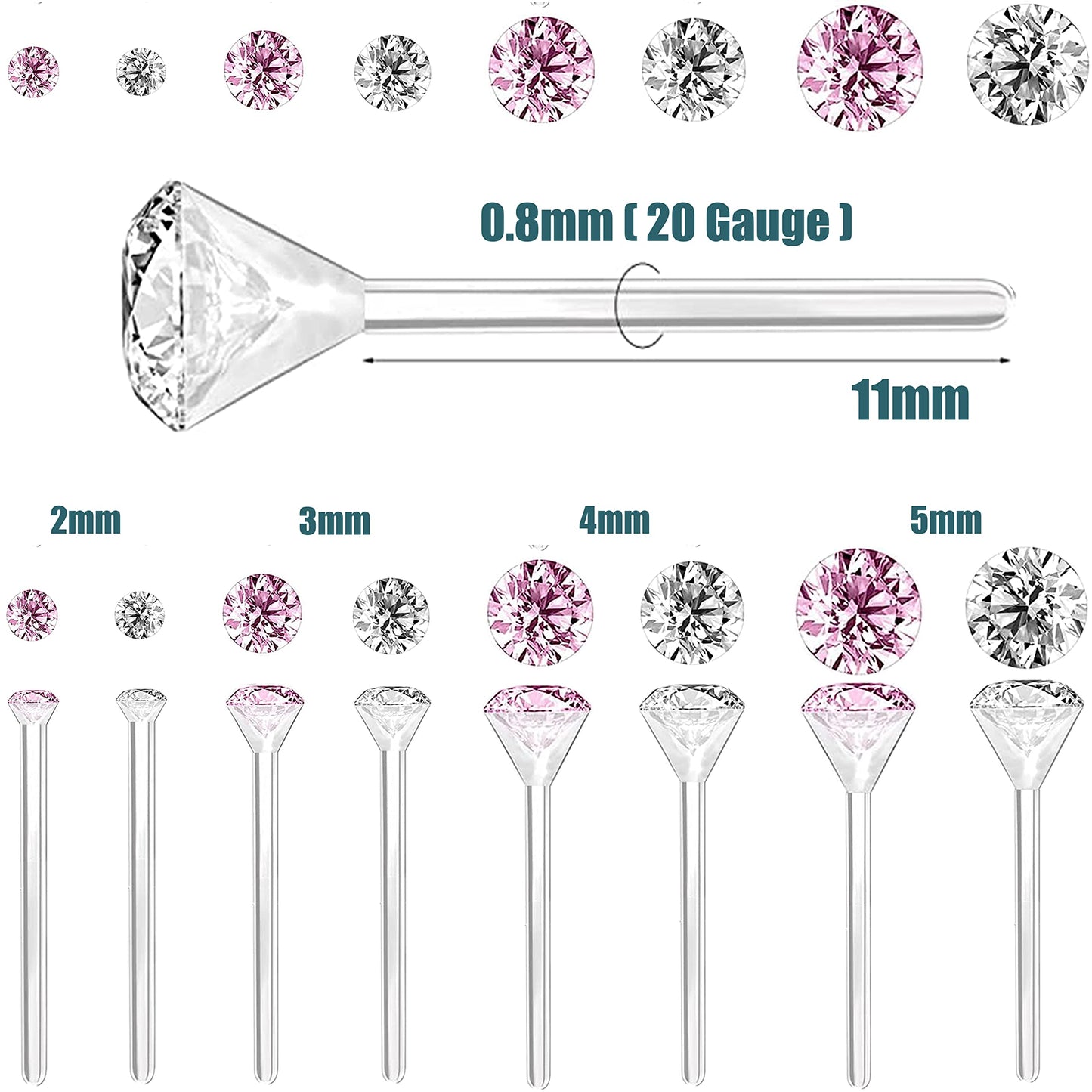 Anti Allergy Hypoallergenic Plastic Stud Earrings Set, 8 Pairs with Silicone Backs, 2-5mm Cubic Zirconia for Sensitive Ears (Pink)