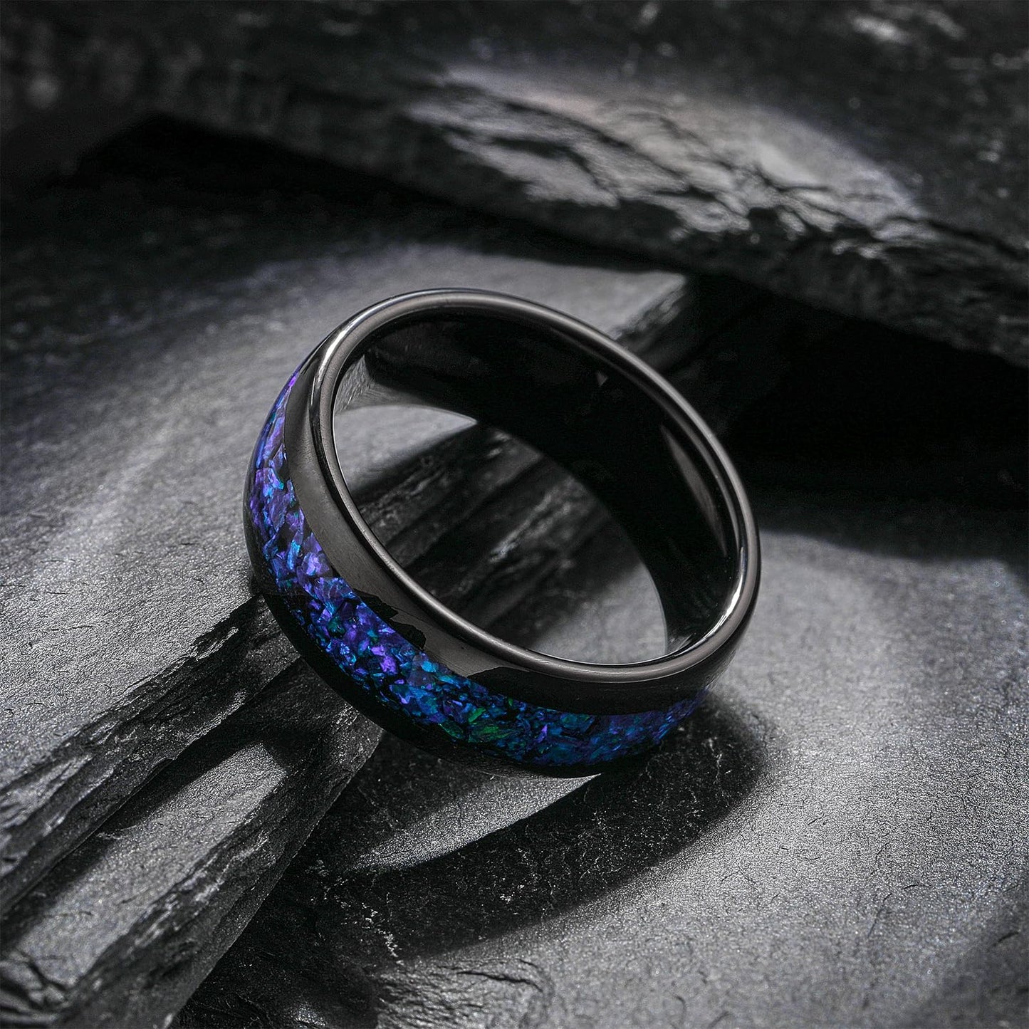 NUNCAD Men's Ring 8mm Tungsten Black with Blue Opal - Comfort Fit, Sizes 12