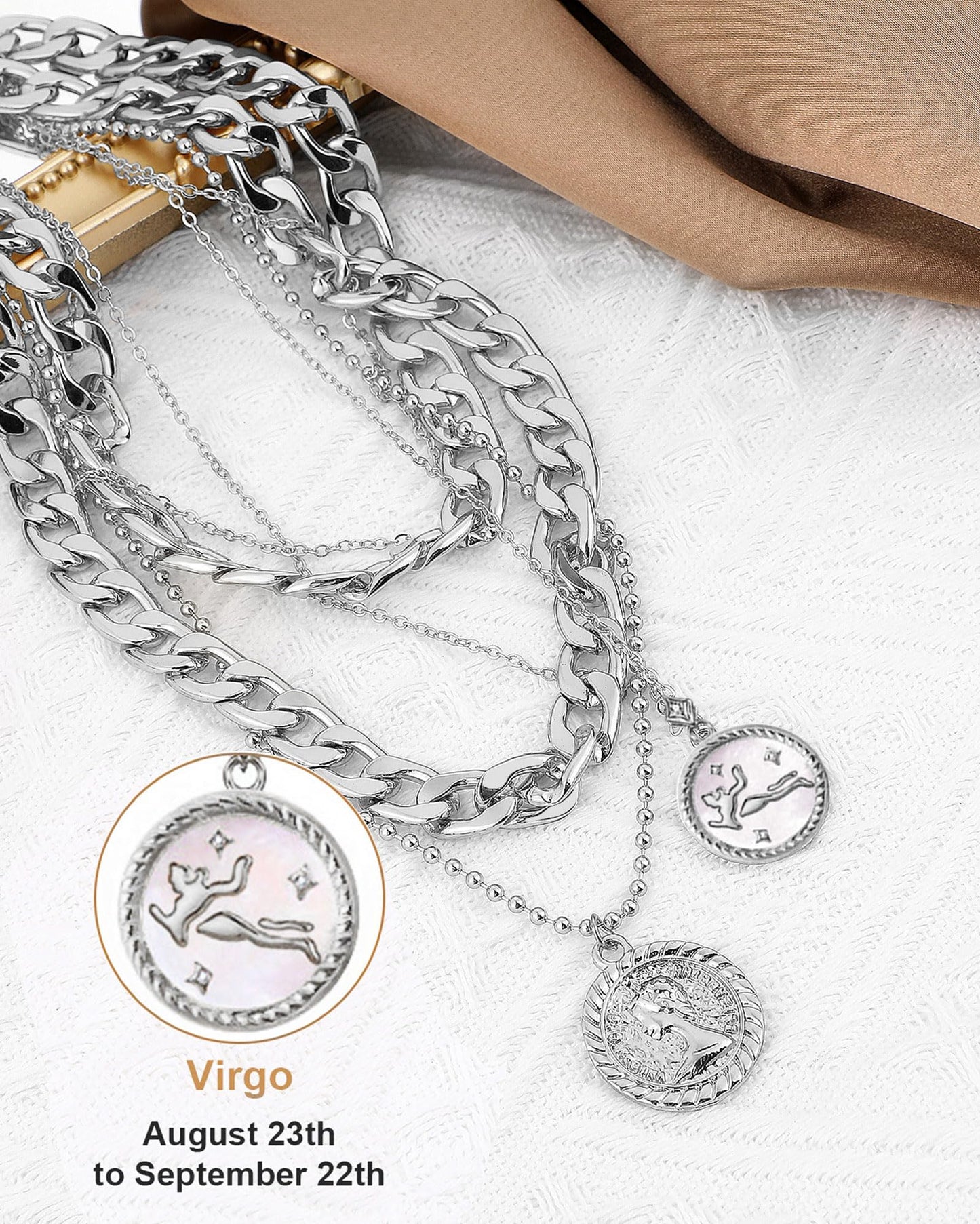 MJartoria Gold Layered Necklaces for Women Trendy Retro Coin Pendant Necklace Dainty Chunky Chain Choker Necklaces for Jewelry Birthday Gifts (Silver, Zodiac-Virgo-3PCS Layered)