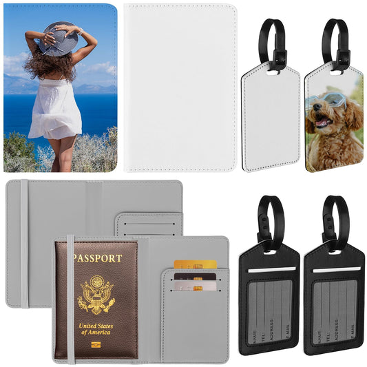 4 Pcs DIY Sublimation Passport Covers Holder and Luggage Tags Gift Set, 2 PU Leather Blank Heat Transfer Travel Wallet Passport Case with 2 Luggage Tags for Business Cards Travel Luggage