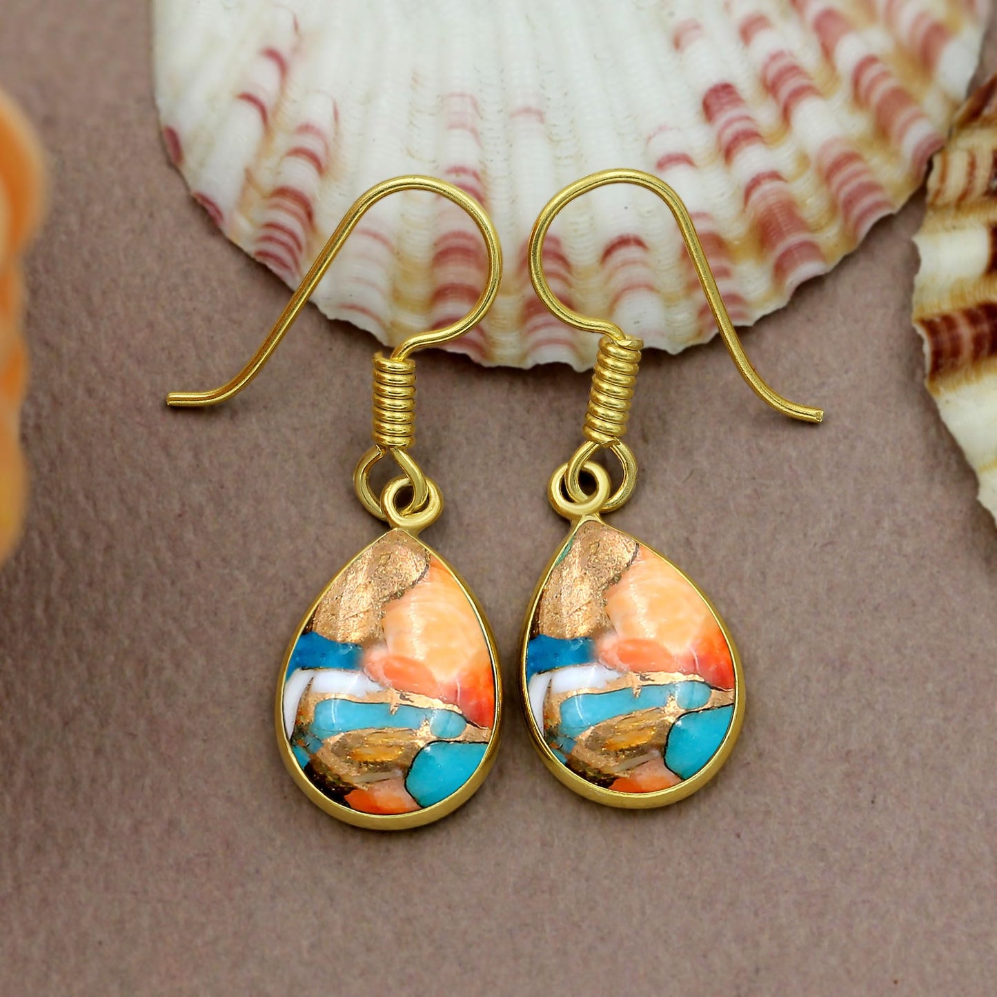 Natural Oyster Copper Turquoise 14K Yellow Gold Plated Dangle Earrings - December Birthstone Teardrop Shape Gemstone Earrings - Handmade Jewelry Gifts for Her