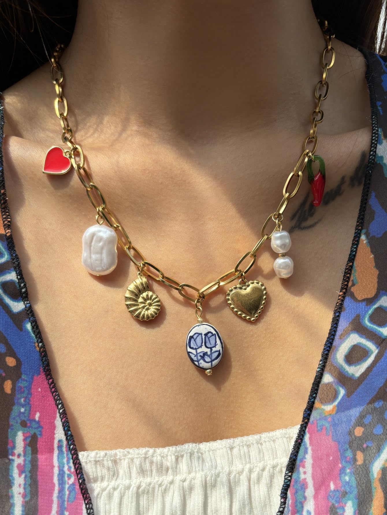 Trendy Stainless Steel Gold Plated Charm Necklace with Heart Pearl Pepper Conch Ceramic Pendant Necklace for Women Collares Chokers Jewelry (Collares Chokers)