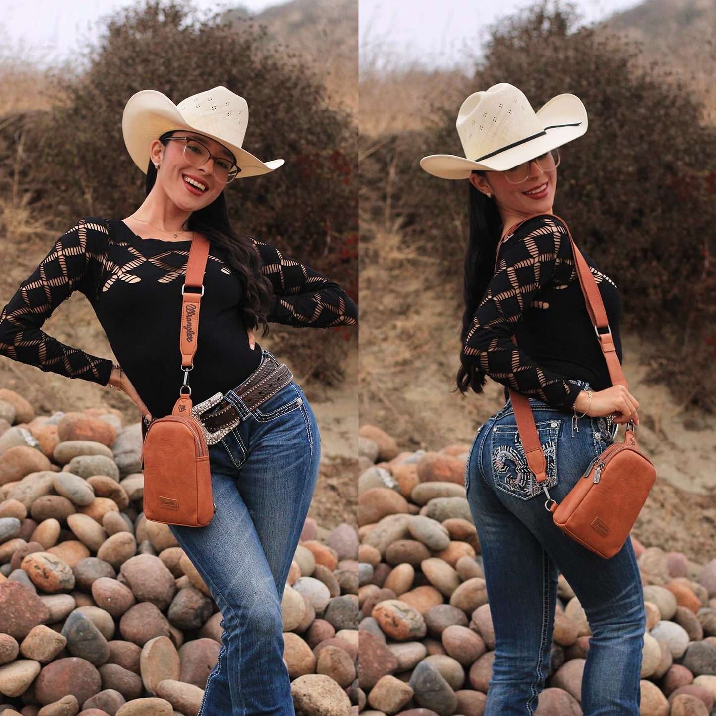 Wrangler Small Sling Bag for Women, Leather Crossbody Bags Cross Body Purse Fanny Packs with Adjustable Strap, WG-HB-87-210-LBR