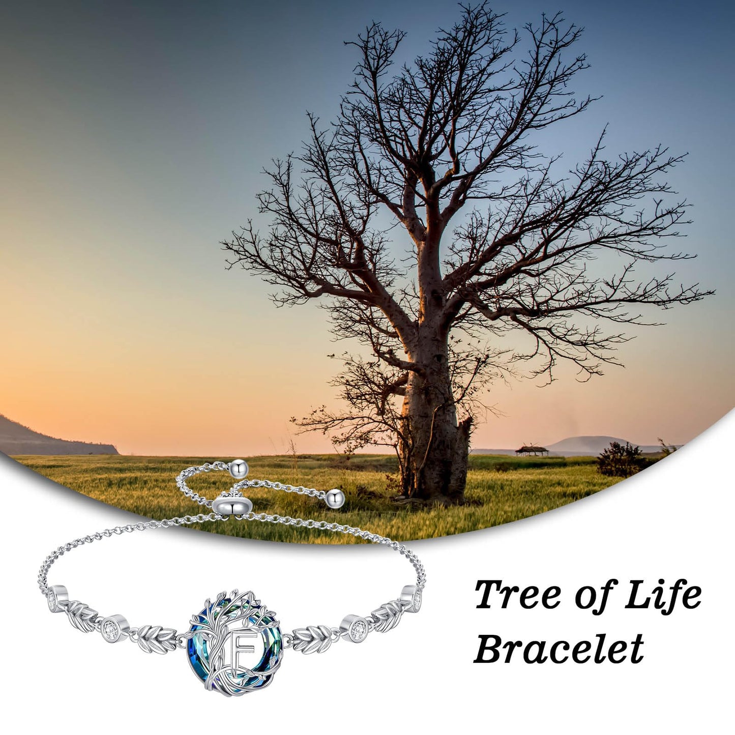 TOUPOP Tree of Life Initial Bracelet Sterling Silver Initials F Letter Link Bracelets Blue Circle Crystal Family Tree Birthday Mothers Day Jewelry Gifts for Women Mom Wife